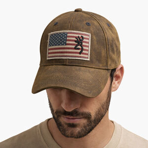 Browning Waxed Canvas American Flag Patch Baseball Cap Hat Adjustable NWT